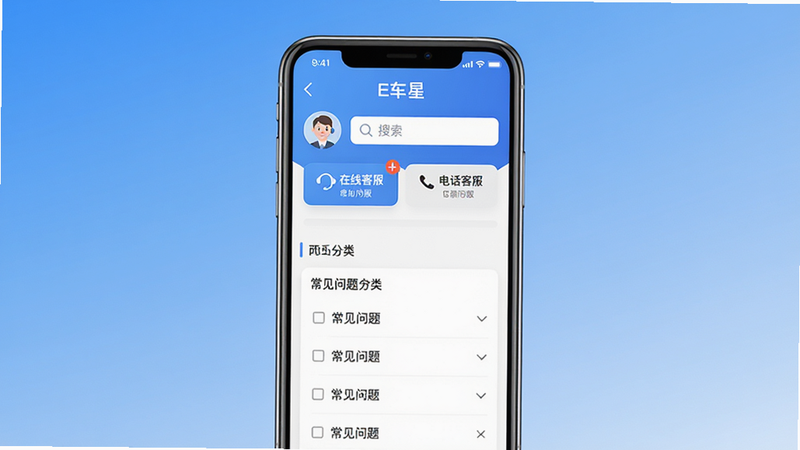 主体:一部智能手机显示“E车星”App的帮助中心界面,屏幕上有客服头像和常见问题列表。布局:手机居中,背景是简洁的渐变蓝色。排版:界面布局清晰,有搜索框和问题分类。风格:UI设计风格,友好亲切。细节:屏幕上有“在线客服”、“电话客服”选项,并有“常见问题”列表。画质:高清,界面元素清晰,干净,无多余元素。