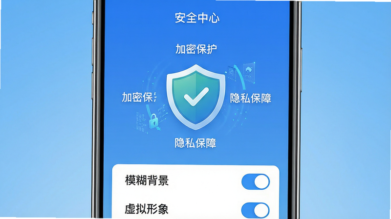 画面主体为“探情视频聊天交友”APP的隐私设置界面,屏幕中央有一个盾牌图标,盾牌上打勾,周围环绕着“加密保护”、“隐私保障”等字样。布局为居中对称,背景为蓝色渐变,风格简洁现代。排版上,屏幕顶部有“安全中心”标题,下方有多个开关选项,如“模糊背景”、“虚拟形象”。细节包括数据加密的动画演示,画质高清,干净无多余元素。