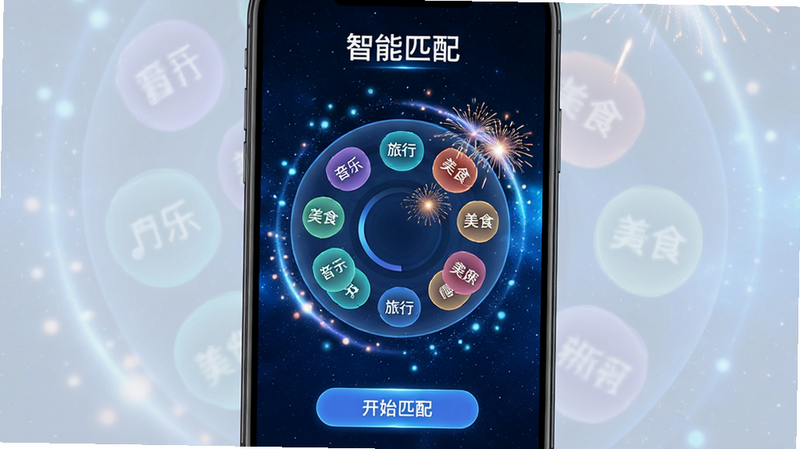 画面主体为手机APP“探情视频聊天交友”的匹配界面,屏幕中央有一个旋转的圆盘,圆盘上分布着不同的兴趣标签,如“音乐”、“旅行”、“美食”等。布局采用圆形构图,圆盘周围有光效粒子,背景为深蓝色星空,风格科技感十足。排版上,屏幕顶部有“智能匹配”字样,底部有“开始匹配”按钮。细节包括匹配成功时的烟花特效,画质精美,干净无多余元素。