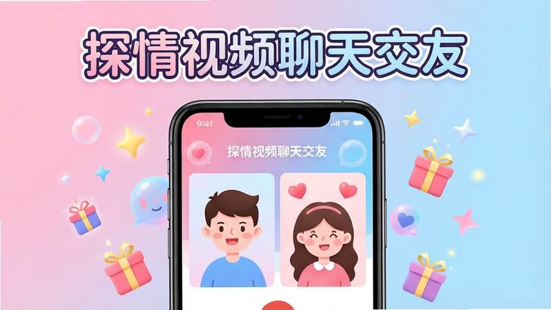 画面主体为一部智能手机屏幕占据视觉中心,屏幕内展示“探情视频聊天交友”APP的界面,界面中有两个卡通人物正在进行视频通话,背景是柔和的渐变色气泡和爱心图标。整体布局居中,手机周围漂浮着星光和虚拟礼物图标。排版采用上下构图,上方为APP名称“探情视频聊天交友”艺术字,下方为手机主体。风格清新活泼,色彩以粉色和蓝色为主,细节丰富,画质高清,干净无多余元素。