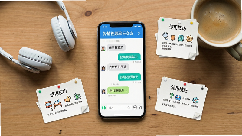 画面主体为一部手机放在桌面上,屏幕显示“探情视频聊天交友”的聊天界面,旁边有耳机和咖啡杯。布局为俯拍视角,背景是木质桌面,风格简约。排版上,手机屏幕居中,周围有“使用技巧”字样的小卡片。细节包括屏幕中的对话气泡,画质清晰,干净无多余元素。