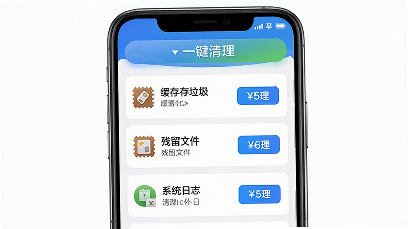 辛巴手机通清理功能预览图,主体为手机屏幕,显示垃圾扫描结果,包含缓存垃圾、残留文件、系统日志等分类,每个分类后面有清理按钮,界面顶部有“一键清理”按钮,风格写实,色彩鲜明,画质干净,无多余元素