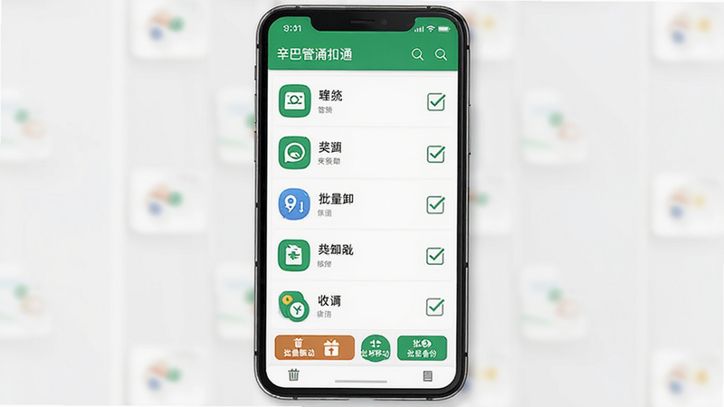 辛巴手机通应用管理界面,主体为手机屏幕,显示已安装应用列表,每个应用图标旁有勾选框,底部有“批量卸载”、“批量移动”、“批量备份”按钮,界面布局整齐,风格简洁,色彩以绿色和白色为主,画质干净,无多余元素