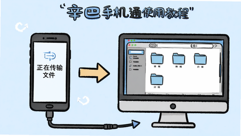 辛巴手机通使用教程图,主体为一部手机和一台电脑连接,手机屏幕显示“正在传输文件”,电脑屏幕显示文件管理界面,背景为淡蓝色,步骤箭头指示,风格卡通化,画质干净,无多余元素