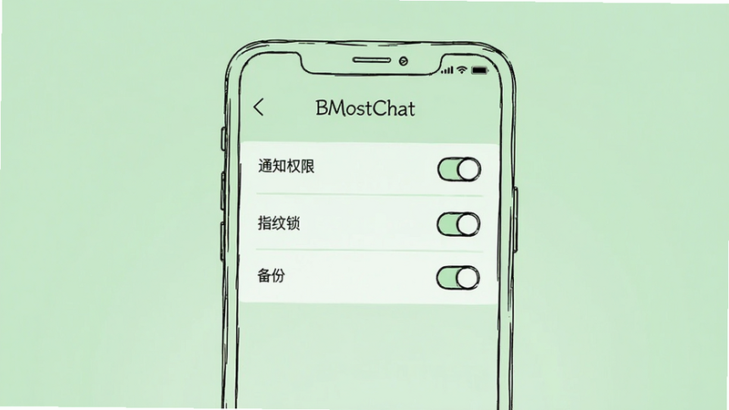 画面主体为一部手机屏幕显示BMostChat的设置界面,背景为浅绿色,布局居中,风格为简约线稿风,细节包含“通知权限”“指纹锁”“备份”等选项开关,屏幕顶部有“BMostChat”字样,画质干净无多余元素