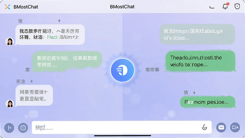 画面主体为BMostChat应用内的智能翻译界面,左侧显示中文消息,右侧显示英文回复,中间有一个发光的翻译按钮,布局采用左右分栏式,背景为淡紫色渐变,风格为清新简约的UI设计,细节包含屏幕顶部的“BMostChat”应用栏与底部的输入框,画质精细干净,无多余元素