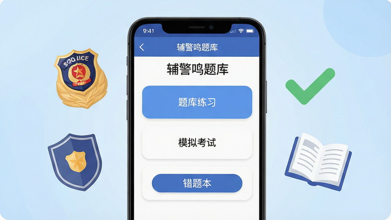 画面主体为一部亮着屏幕的安卓手机,屏幕内显示“辅警鸣题库”APP主界面,界面中清晰可见“题库练习”“模拟考试”“错题本”等功能卡片,手机左侧漂浮着警徽与盾牌图标,右侧有对勾和书本元素,背景为浅蓝色渐变,整体布局左右均衡,排版干净清爽,扁平化插画风格,细节包含屏幕上的文字标题和按钮圆角,画面干净无多余元素,高清画质。