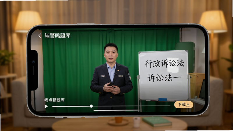 画面主体为手机横屏播放“辅警鸣题库”考点精讲视频,视频画面中有一位讲师站在绿色幕布前,旁边有文字板书写着“行政诉讼法”关键词,手机下方有进度条和“下载”按钮,背景为模糊的客厅环境,暖色调灯光,排版舒适,写实风格,细节包括屏幕中的讲师和文字,画质清晰,无多余元素。