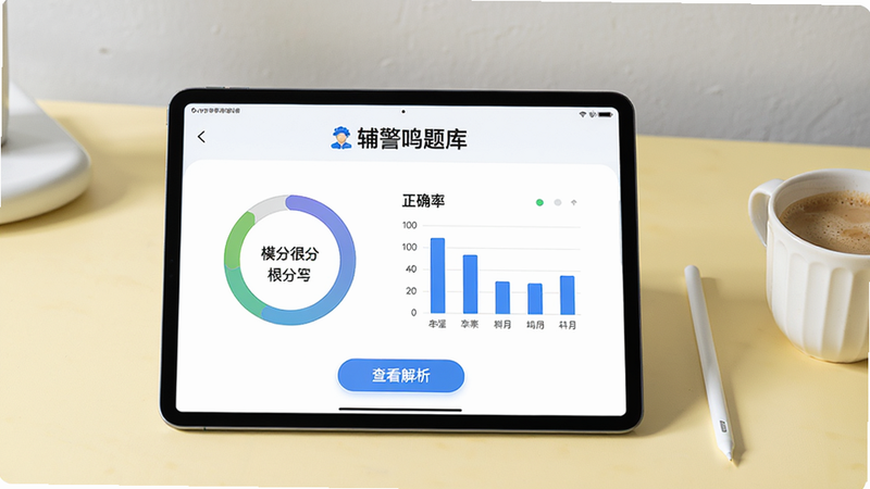 画面主体为一台平板电脑上显示“辅警鸣题库”模拟考试结果页面,页面中有环形得分图、正确率柱状图和“查看解析”按钮,平板右侧放着一支触控笔和一杯咖啡,背景为淡黄色书桌,浅灰墙面,排版干净简洁,写实风格,细节包括屏幕上的图表数据和按钮文字,画质清晰,无多余元素。