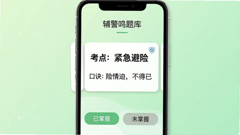 画面主体为手机屏幕竖屏显示“辅警鸣题库”高频考点卡片,卡片正面有“考点:紧急避险”“口诀:险情迫,不得已”等文字,卡片可左右滑动,手机下方有“已掌握”“未掌握”两个按钮,背景为淡绿色渐变,排版简洁清晰,扁平化设计,细节包括卡片上的文字和按钮,画质干净,无多余元素。