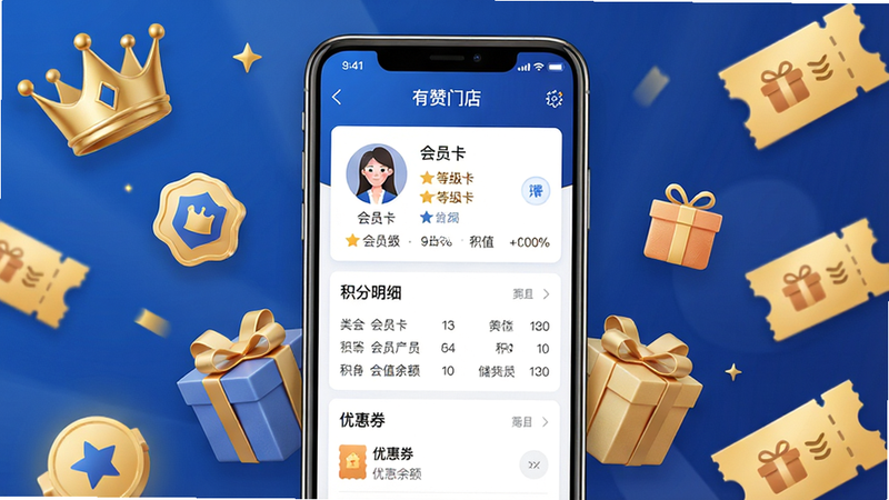 主体:有赞门店软件会员管理界面,背景为手机屏幕展示会员详情页,包含会员头像、等级、积分、储值余额。布局:手机居中,屏幕周围有金色皇冠、礼物盒、优惠券等元素点缀,象征会员权益。排版:中心构图,手机为视觉焦点,周围散落会员特权图标。风格:时尚商务风,蓝金配色,质感细腻,突出“有赞门店”会员体系。细节:屏幕显示“会员卡”“积分明细”“优惠券”列表,文字内容清晰。画质:高清渲染,干净,无多余元素。