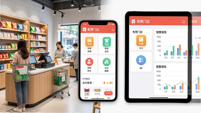 主体:有赞门店软件在手机和平板上的界面展示,背景是现代化的实体店铺环境,收银台、货架、顾客购物场景。布局:手机屏幕居中,界面显示商品列表、订单数据、会员管理图标,平板在旁边展示销售报表图表。排版:左右构图,左侧为真实店铺场景,右侧为软件界面特写。风格:写实摄影与UI界面结合,明亮通透,色彩鲜艳,突出“有赞门店”品牌标识。细节:屏幕上文字清晰可读,显示“有赞门店”字样,界面元素包括“收银”“商品”“会员”“数据”四大模块图标。画质:4K高清,干净,无多余元素。