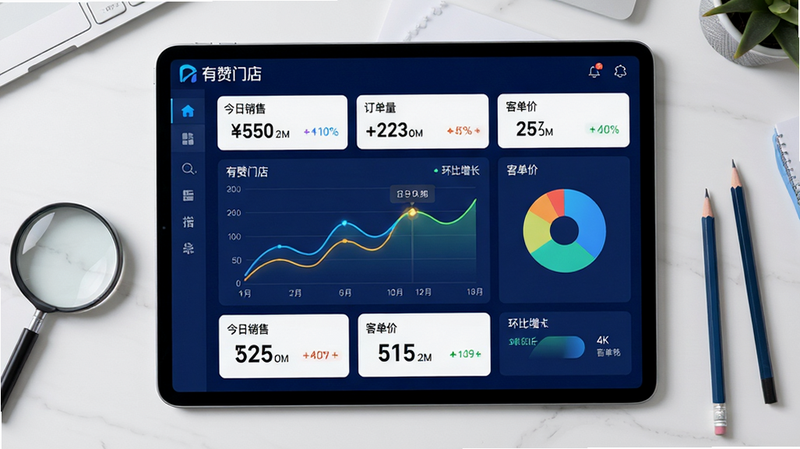 主体:有赞门店软件数据报表界面,背景为办公桌上一台平板电脑展示销售趋势折线图与饼状图。布局:平板居中,屏幕显示营业额、订单量、客单价等核心指标卡片。排版:中心构图,平板为视觉中心,周围有放大镜、铅笔等办公元素。风格:商务科技感,深蓝背景搭配亮色图表,数据动态展示。细节:图表标注“有赞门店”字样,数字清晰易读,包含“今日销售”“环比增长”等字段。画质:4K高清,干净,无多余元素。