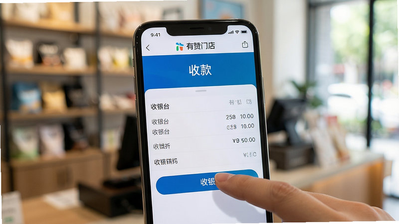 主体:有赞门店软件在手机上的操作演示,手指点击屏幕上的“收银”按钮,背景为实体店铺。布局:手机屏幕特写,手指位于屏幕右下方,界面显示“收银台”页面。排版:中心构图,手机为视觉中心,背景虚化。风格:写实摄影,自然光线,色彩真实。细节:屏幕显示“有赞门店”LOGO及“收款”字样,收银明细清晰。画质:高清,干净,无多余元素。