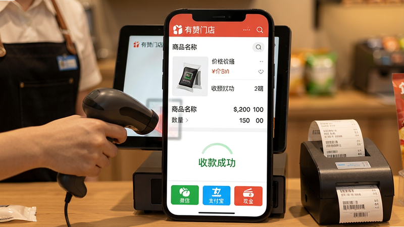 主体:有赞门店软件收银界面特写,背景为实体店收银台,店员正在使用扫码枪扫描商品条码。布局:界面中央显示商品名称、价格、数量,底部为支付方式按钮(微信、支付宝、现金)。排版:竖屏构图,收银台为前景,软件界面为背景,突出操作流程。风格:真实场景与UI结合,灯光柔和,色彩温暖,屏幕内容高亮显示“有赞门店”及“收款成功”字样。细节:商品图片、价格数字清晰,支付按钮图标明显,小票打印机正在出单。画质:高清,干净,无多余元素。
