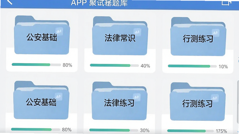 辅警协警考试聚题库APP的题库列表页面截图,屏幕中显示多个分类文件夹,每个文件夹上标注着“公安基础”、“法律常识”、“行测练习”等字样,文件夹下方有进度条显示学习完成率,背景为浅灰色,界面采用列表布局,简洁明了,画质干净,无多余元素