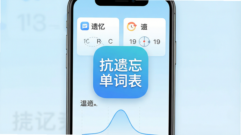 抗遗忘单词表软件界面,展示单词卡片、记忆曲线图表和复习提醒,手机屏幕中央显示“抗遗忘单词表”应用图标,背景为淡蓝色渐变,整体布局简洁明亮,扁平化设计风格,高清渲染,干净无多余元素