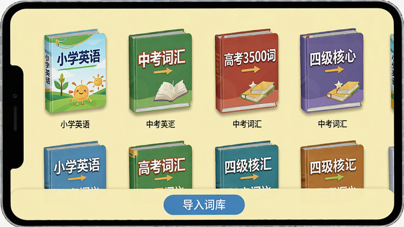 抗遗忘单词表词书列表页面,屏幕显示多本彩色词书封面缩略图,有“小学英语”、“中考词汇”、“高考3500词”、“四级核心”等,底部有“导入词库”按钮,背景为浅黄色,书籍图标立体感强,界面整齐,画质清晰干净