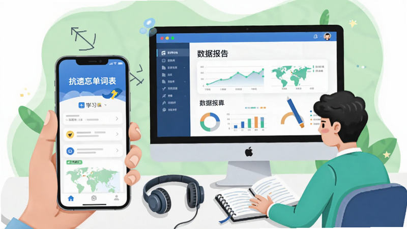 抗遗忘单词表使用指南配图,手机和电脑并排显示,手机屏幕上有“抗遗忘单词表”学习界面,电脑屏幕显示数据报告,桌面上有耳机和笔记本,背景为浅绿色,插画风格,人物正在学习,色彩明快,干净无多余元素
