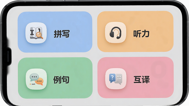 抗遗忘单词表多模式学习界面,手机屏幕被分成四个彩色区块,分别标注“拼写”、“听力”、“例句”、“互译”,每个区块内有一个单词和对应图标,背景为浅灰色,UI设计现代,图标圆润,色彩柔和,画质细腻