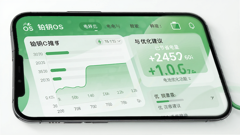 铂钥OS 电池优化功能界面,主体为手机电池电量统计图,布局包含耗电排行与优化建议,风格绿色节能主题,细节显示“已节省电量”数据,画质细腻,无多余元素