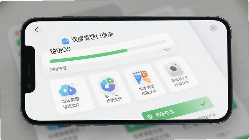 铂钥OS 深度清理扫描界面,主体为手机屏幕显示扫描进度条与垃圾文件类型图标,布局清晰,风格简约,细节包含“清理完成”的提示,画质干净,无多余元素