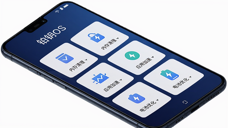 铂钥OS 主界面展示,主体为一部智能手机屏幕内显示“铂钥OS”的操控面板,布局采用卡片式模块排列,风格简约科技感,以深蓝色渐变为主色调,细节包含内存清理、应用加速、电池优化等图标,画质高清,干净无多余元素