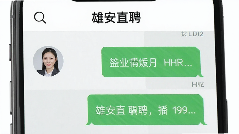 展示雄安直聘App的在线聊天功能,主体为对话界面,左侧为求职者头像,右侧为企业HR回复,屏幕上方显示“雄安直聘”名称,背景为白色与浅灰色交替,布局简洁,风格商务,细节清晰,画质干净