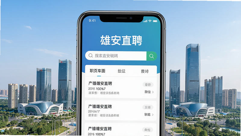 一张展示雄安直聘App全貌的预览图,主体为手机界面,屏幕中显示“雄安直聘”字样及搜索框、职位列表,背景为雄安新区城市天际线,布局居中,风格清新专业,细节清晰,画质干净,无多余元素