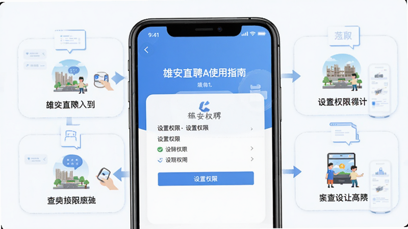 展示雄安直聘App使用指南的插图,主体为手机屏幕显示设置权限页面,背景为操作步骤图解,风格清晰简洁,细节完整,画质干净