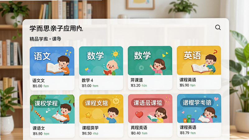 学而思亲子应用内的精品课程库界面,屏幕上整齐排列着语文、数学、英语等学科的彩色课程卡片,每张卡片都配有生动的插图,背景为书架与绿植,画面布局清晰,风格明亮活泼,细节展现课程分类,画质高清干净