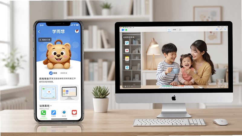一张展示学而思亲子应用在手机和电脑模拟器上同时运行的对比图,左侧为手机界面,右侧为电脑屏幕界面,背景为整洁的书房,布局清晰,风格写实,细节展示不同设备的适配情况,画质高清
