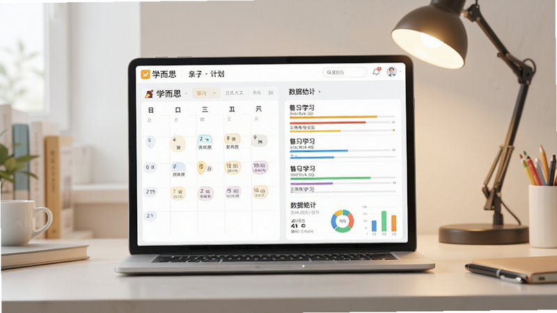 学而思亲子应用的学习计划界面,以日历和列表形式展示每日学习任务,界面设计简洁清晰,包含彩色进度条和数据统计图表,背景为书桌与台灯,风格现代简约,细节丰富,画质高清整洁