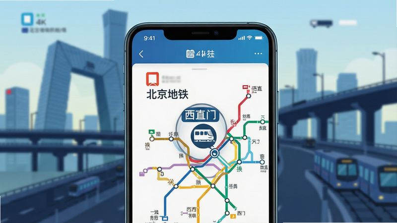 主体为一部亮屏的智能手机,屏幕占据画面核心位置,屏幕上清晰显示着“北京地铁”App的线路图界面,色彩鲜明的多条地铁线路交织。布局为手机居中,背景是虚化的北京CBD摩天大楼与立交桥剪影。排版采用对角线构图,手机屏幕内容为主要视觉焦点。风格为现代科技感插画,扁平化设计,色彩明快。细节包括屏幕中放大的“西直门”换乘站标识和列车行驶图标。画质为4K高清,画面干净,无多余元素。