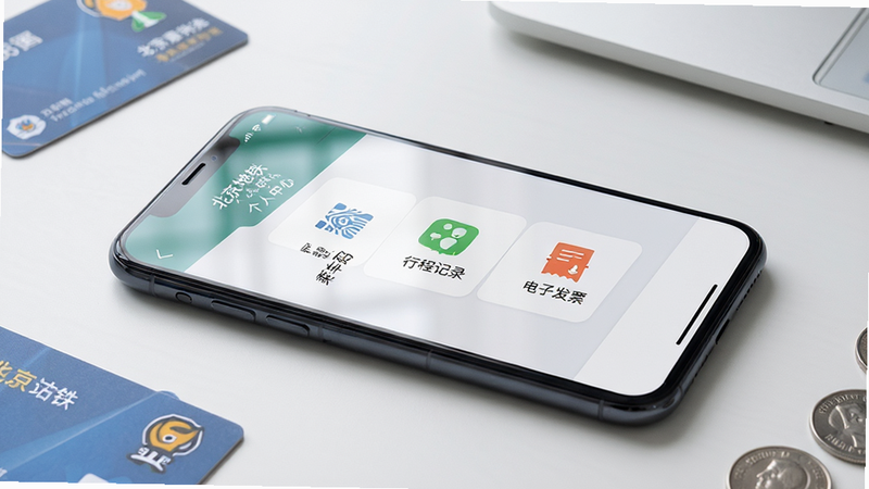 主体为一部手机横屏放置在桌面上,屏幕显示“北京地铁”App的“个人中心”页面,页面内有“乘车码”、“行程记录”、“电子发票”等菜单图标。布局为手机为中心,周围散落着交通卡和硬币。风格为商务办公风格,桌面干净整洁。细节为手机屏幕反光,清晰显示菜单文字。画质为高清,画面构图稳定,无多余元素。