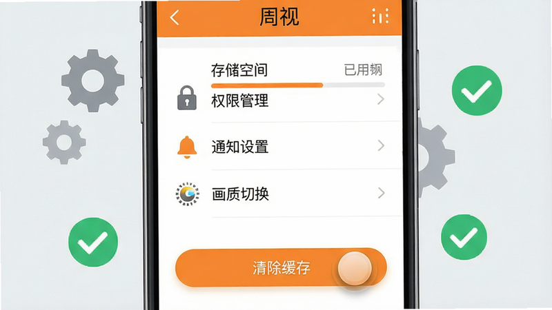 主体:一部手机屏幕显示“周视”APP的设置界面,有“权限管理”、“通知设置”、“画质切换”等选项,屏幕下方有一个“清除缓存”按钮。布局:手机居中,背景为浅灰色,手机周围有齿轮图标和绿色对勾。排版:设置列表清晰,每行有图标和文字,按钮为橙色。风格:扁平化,简洁。细节:屏幕中“存储空间”显示已用比例,按钮有按压效果。画质:高清,干净,无多余元素。