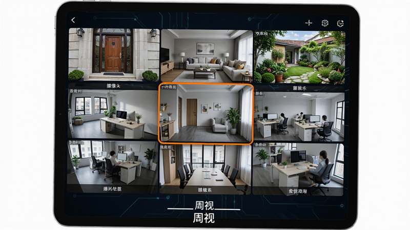 主体:一个平板电脑横屏显示“周视”APP的多画面预览界面,九宫格布局,每个格子中是不同的监控场景(门口、客厅、庭院、办公室等),其中一个格子高亮放大。布局:平板居中,背景为深色线条科技感,平板下方有“周视”logo。排版:九宫格整齐,每个画面下有摄像头名称标签,高亮格子有橙色边框。风格:写实,科技感,深色背景。细节:画面清晰,光线均匀,标签字体小但可读。画质:超清,干净,无多余元素。