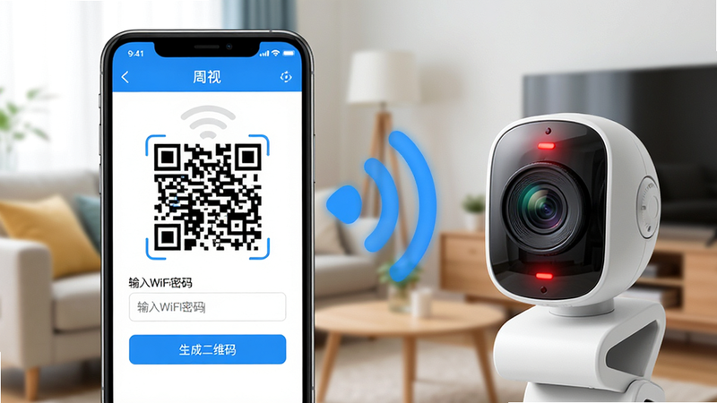 主体:一个手机屏幕显示“周视”APP的WiFi配置界面,画面中有一个二维码,旁边有一台摄像头,镜头正对准二维码,背景为家庭客厅环境。布局:手机在左,摄像头在右,中间有WiFi信号波纹连接。排版:界面清晰,有“输入WiFi密码”输入框和“生成二维码”按钮。风格:写实,明亮。细节:二维码清晰,摄像头红色指示灯亮起,WiFi波纹为蓝色。画质:4K,干净,无多余元素。