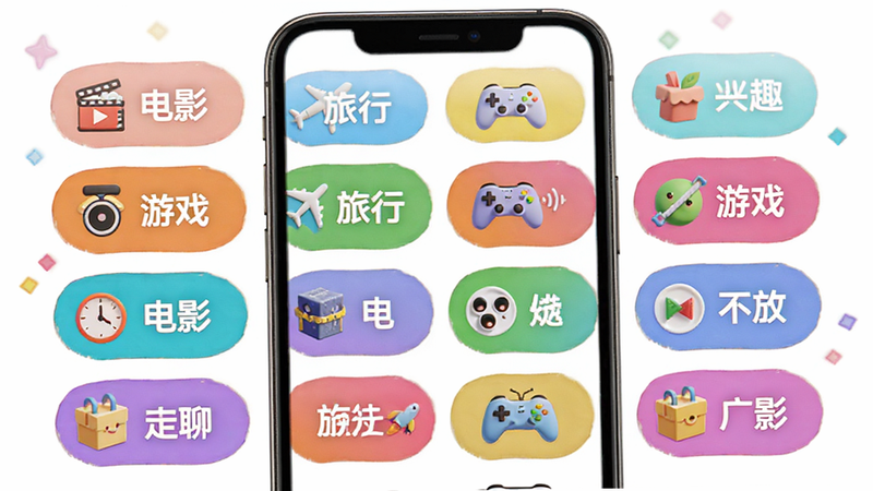 ���Ľ�����Ȥ��ǩѡ��ҳ�棬����Ϊ�ֻ���Ļ�ϲ�ɫ��ǩ�ƣ����ֲ����������У�ÿ����ǩ�ж�Ӧͼ�꣬������������ϸ�ڰ�������Ӱ�������С�����Ϸ�������֣����������ɾ�