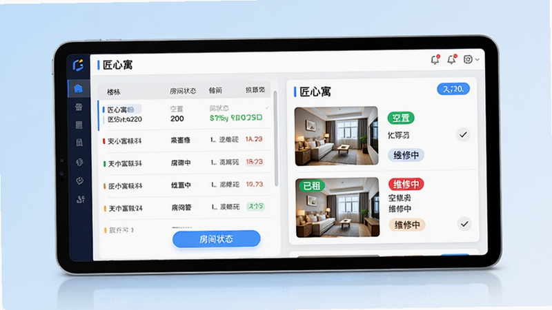 主体:一台平板电脑横屏展示匠心寓的房源管理界面,左侧是楼栋列表,右侧是房间详情卡片,卡片上有“匠心寓”字样和房间状态标签。布局:平板居中,界面布局左右分明,操作按钮清晰可见。排版:表格与卡片结合,数据排列整齐,色彩对比适度。风格:商务科技感,背景为淡蓝色渐变。细节:房间卡片上标注“已租”、“空置”、“维修中”等彩色标签。画质:高清,明亮,无多余元素。