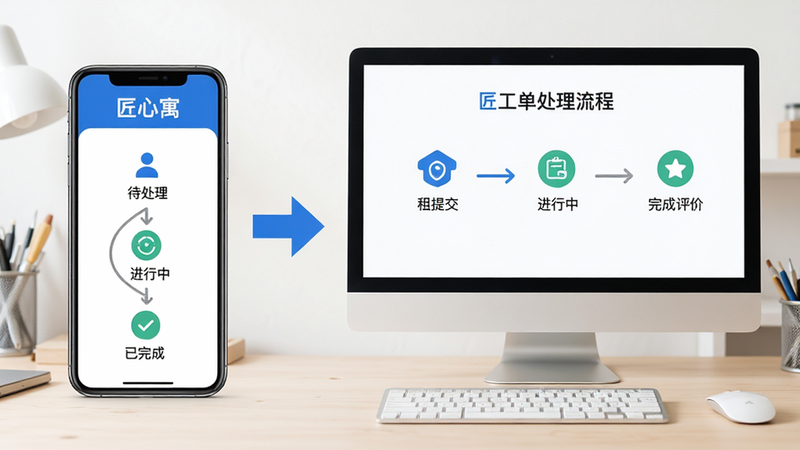 主体:一部手机和一台电脑并排,屏幕中显示匠心寓的工单处理流程,从租客提交报修到管理员派单、完成评价的完整链路。布局:手机在左,电脑在右,中间有箭头连接,背景为浅色工作台。排版:流程步骤以图标+文字形式展示,清晰明了。风格:简洁现代,配色为蓝白灰。细节:手机屏幕上有“匠心寓”字样,工单状态显示“待处理”、“进行中”、“已完成”。画质:高清,干净,无多余元素。