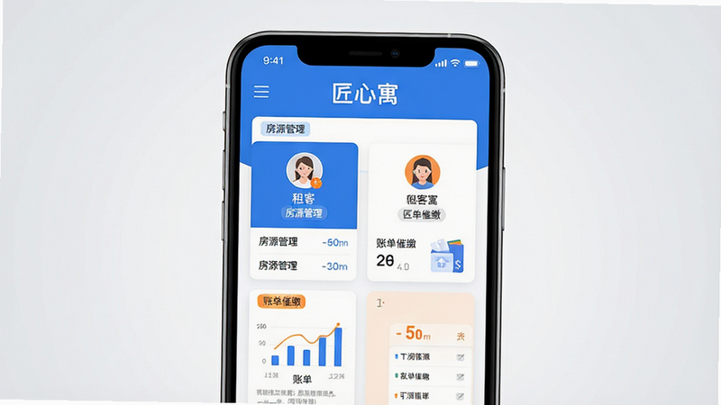 主体:一部智能手机屏幕中显示匠心寓管理界面的全貌,界面顶部有“匠心寓”品牌字样,下方清晰展示房源列表、租客头像、账单图表等核心功能模块图标。布局:手机居中,屏幕内容饱满,四周留白干净,背景为浅灰色渐变。排版:界面元素错落有致,信息层级分明,文字清晰可读。风格:现代扁平化设计风格,色彩以蓝白为主,搭配橙色点缀,整体明亮清爽。细节:屏幕中可看到“匠心寓”三个字,以及“房源管理”、“账单催缴”等小标签。画质:高清渲染,干净通透,无多余元素。