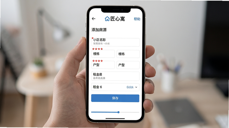 主体:匠心寓APP的“添加房源”填写页面,屏幕上显示表单字段,如小区名称、楼栋、户型、租金等,并有“保存”按钮。布局:表单居中,顶部有“匠心寓”logo,底部有进度条。排版:字段排列整齐,必填项有红色星号。风格:清爽简洁,背景为白色。细节:页面左上角有返回箭头,右上角有“帮助”文字。画质:高清,干净,无多余元素。