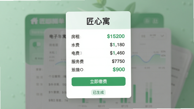 主体:匠心寓的财务账单界面,展示一张电子账单,包含房租、水费、电费、服务费等明细,并有“立即缴费”按钮。布局:账单卡片居中,背景为淡绿色渐变,象征安全与信任。排版:费用明细列表排列整齐,金额数字突出。风格:清新简洁,强调数据可视化。细节:账单顶部有“匠心寓”三个字,底部有“已生成”状态标签。画质:高清渲染,干净无杂物。