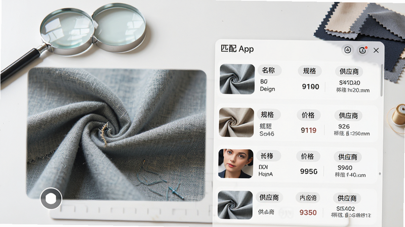 ͼƬ����Ϊ�첼App�������Ҳ����ܽ��棬�����ʾ����Ĳ���ʵ����Ƭ���Ҳ��г�ƥ�����б���ÿ������������ơ���񡢼۸��빩Ӧ����Ϣ������Ϊ�ɾ��Ĺ���̨���зŴ󾵺Ͳ���С���������Ű�Ϊ���ҷ���ʽ�����дʵ���UI���棬ϸ�����������ʸ��壬�޶���Ԫ�ء�