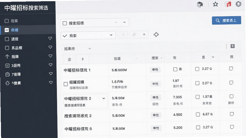 中曜招标搜索筛选功能界面,显示多维度的筛选选项和搜索结果列表,布局整齐,风格简洁商务,画质清晰