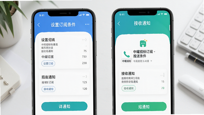 中曜招标订阅推送功能示意图,展示设置订阅条件和接收通知的手机界面,色彩搭配和谐,细节丰富,画质干净
