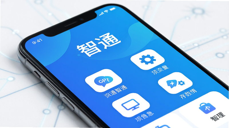 一张智能手机屏幕展示智通APP主界面,界面简洁现代,功能图标清晰排列,背景为渐变的蓝色科技感,整体风格明亮干净,突出“智通”名称,画质高清,无多余元素。