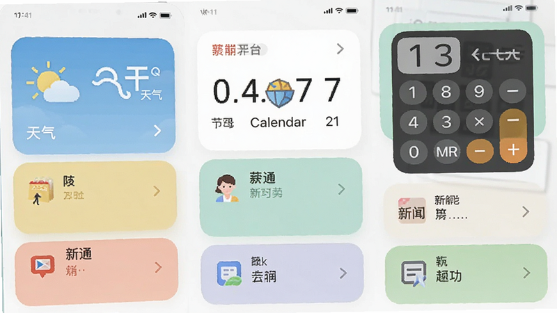 一张手机截图拼贴画,展示智通APP内聚合的多项功能卡片,包括天气、日历、计算器、新闻等,卡片色彩柔和,布局整齐,体现一站式服务的便捷性,画面干净,无多余元素。