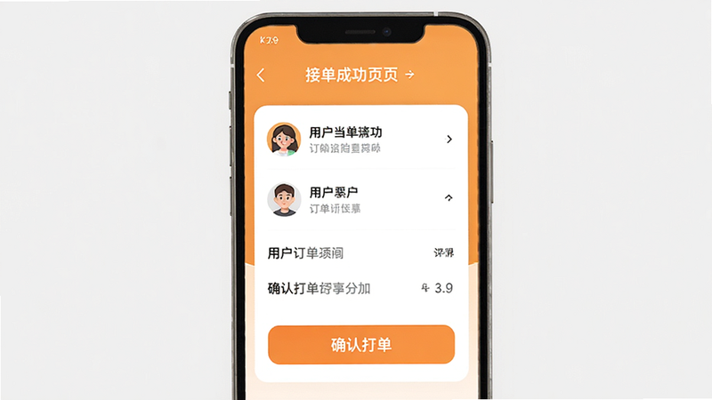 �Ҹ��˽ӵ���APP�Ľӵ��ɹ�ҳ�棬��ʾ�������顢�û�ͷ���ȷ�Ͻӵ���ť������Ϊ��ů�ĳ�ɫ��������󷽣����������ɾ�